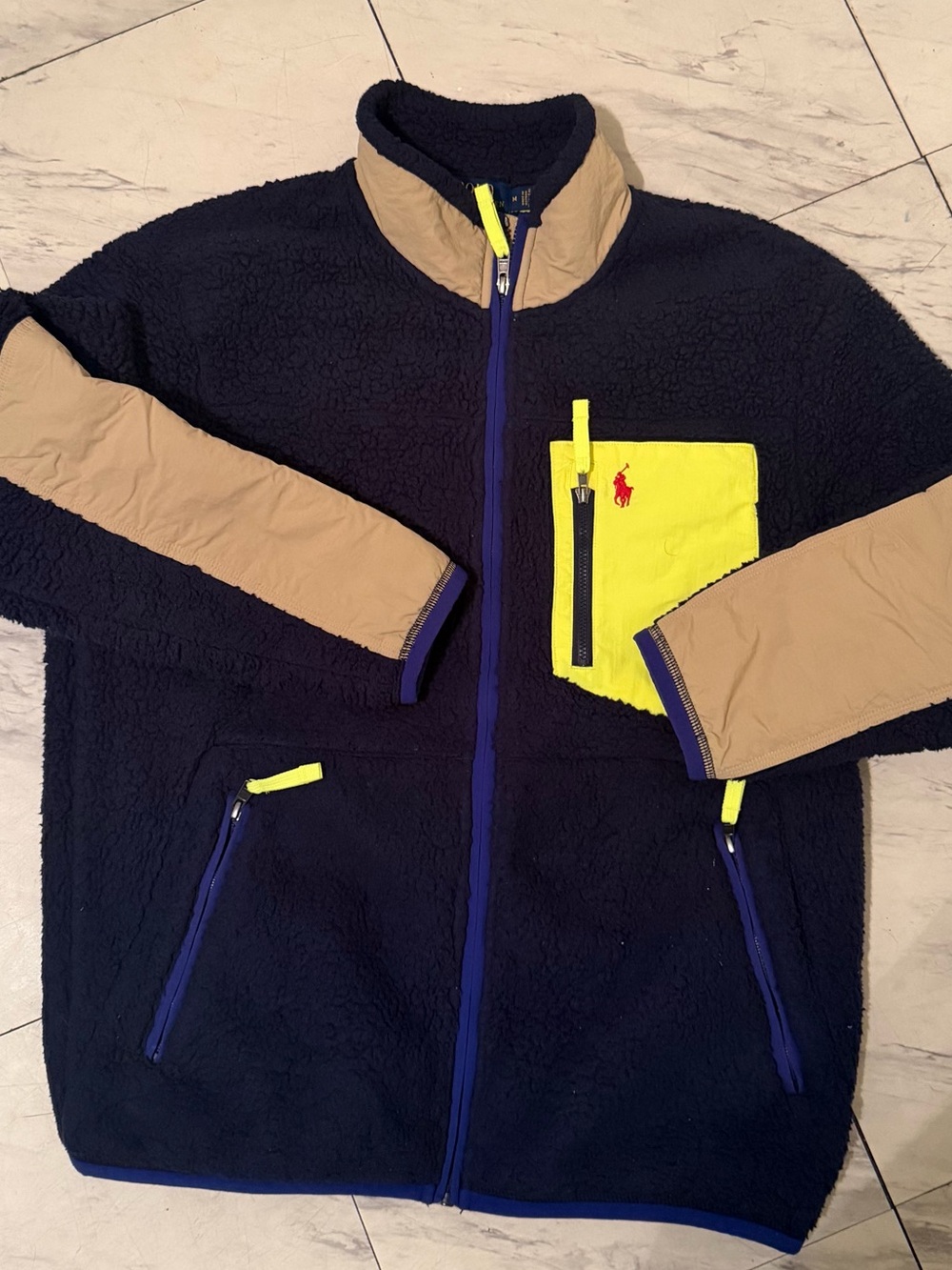 Polo Ralph Lauren Hybrid Plush Fleece / High-Pile Sherpa Jacket- Navy, Tan, Neon